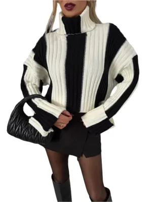 TEEK - Striped Turtleneck Dropped Shoulder Sweater